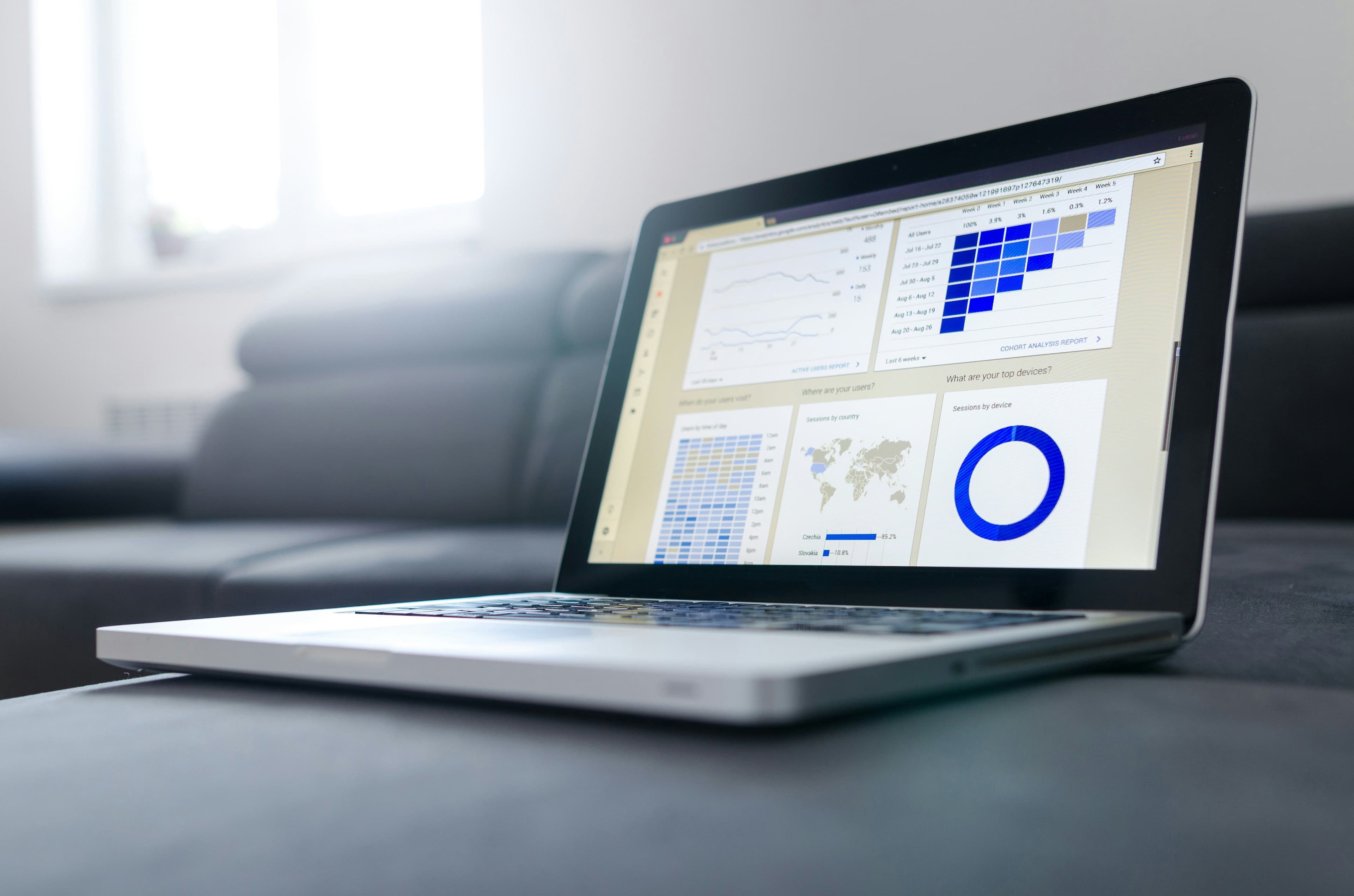 A laptop displaying various analytical charts and graphs on its screen, set on a modern sofa. The visuals represent data analysis and performance metrics, making it a fitting image for topics related to ads PPC (pay-per-click) campaigns and digital marketing strategies.