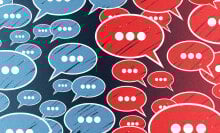 Speech bubbles colored red and blue float next to each other.