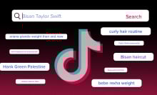 The TikTok logo surrounded by various search bar queries like "Bisan Taylor Swift" and "Curly Hair Routine".