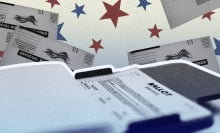 Photos of ballots and a ballot counting machine surrounded by red and blue stars.