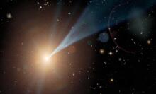 An artist's concept of a jet streaming out of a supermassive black hole at nearly the speed of light
