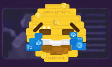 A collage of multi-colored text bubbles form the shape of a laughing while crying emoji.
