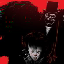 A series of movie monsters illustrated on a red background.
