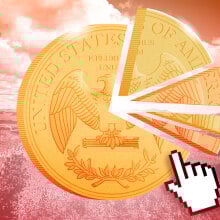 An illustration of an American quarter divided into pieces.