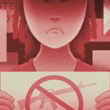An illustration of a frowning person holding an anti-gun violence protest sign. Behind them are numerous other signs symbolizing other social justice causes.