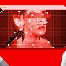 A child and parent look at each other, superimposed over a deepfake-like image.