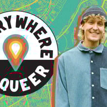 The Everywhere is Queer logo hovers next to a photo of Charlie Sprinkman on top of a green and orange street map.