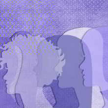Illustration of multiple women, on a purple backdrop.