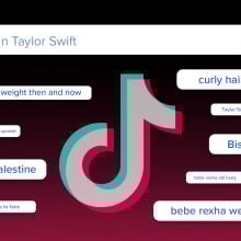 The TikTok logo surrounded by various search bar queries like "Bisan Taylor Swift" and "Curly Hair Routine".
