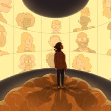 A person looks at a wall of screens each of which features a "coach" looking back at them.