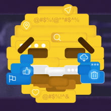 A collage of multi-colored text bubbles form the shape of a laughing while crying emoji.