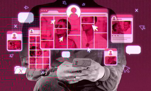 photos of couple in various browser windows in front of image of person on smartphone