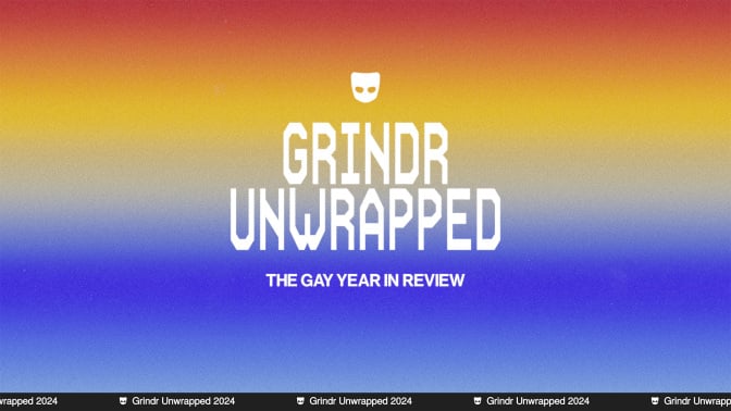 grindr logo and text "grindr unwrapped, the gay year in review" in front of a rainbow background