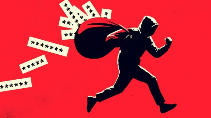 Illustration of a thief carrying a sack of their shoulder, running off with passwords.