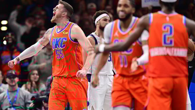 Isaiah Hartenstein #55 of the Oklahoma City Thunder reacts after a big play during the second half against the Dallas Mavericks at Paycom Center on December 10, 2024 in Oklahoma City, Oklahoma.