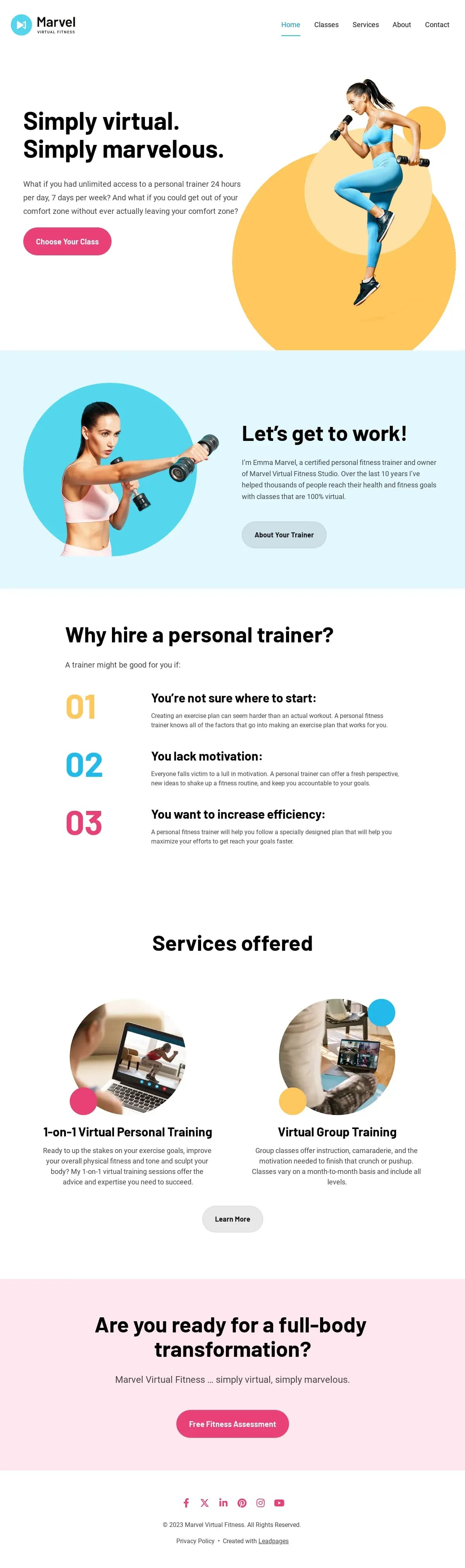 Marvel Virtual Fitness Studio website template by Leadpages