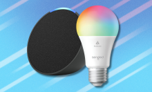 Echo Pop with Sengled Smart Bulb on blue and white abstract background