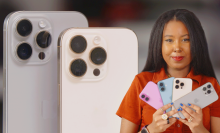 woman holding all 4 iPhone 16 models and smiling