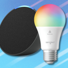 Echo Pop with Sengled Smart Bulb on blue and white abstract background